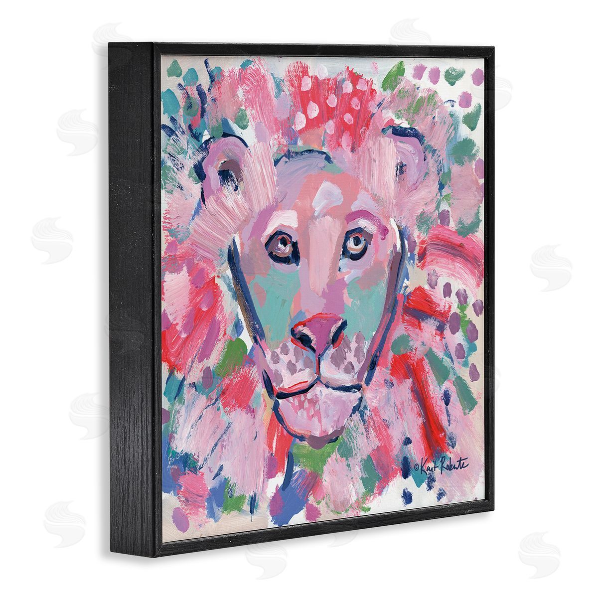 Lion Portrait Pink Abstract Black Frame Print Wall Art, Home Decor by Kait Roberts