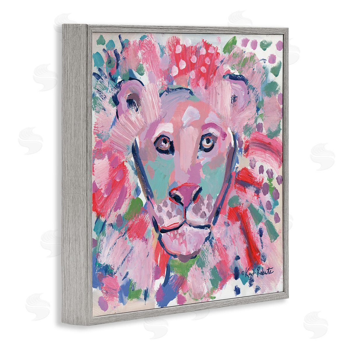 Lion Portrait Pink Abstract Grey Frame Print Wall Art, Home Decor by Kait Roberts