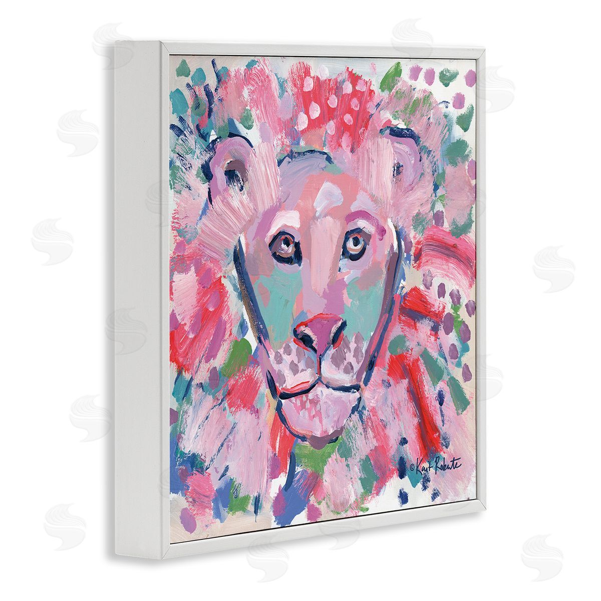 Lion Portrait Pink Abstract White Frame Print Wall Art, Home Decor by Kait Roberts