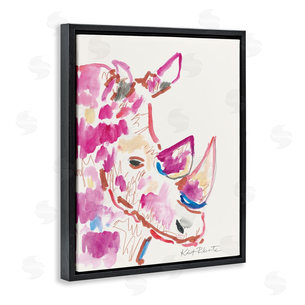 Abstract Rhino Pink Portrait Black Floating Frame Canvas Wall Art, Home Decor by Kait Roberts