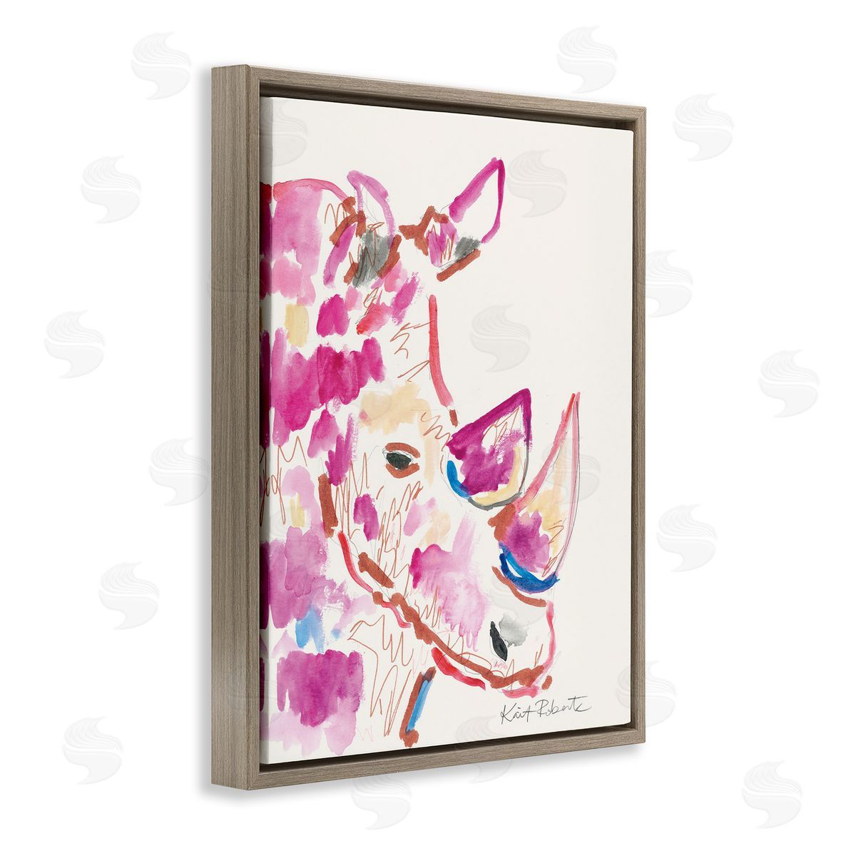 Abstract Rhino Pink Portrait Brown Floating Frame Canvas Wall Art, Home Decor by Kait Roberts