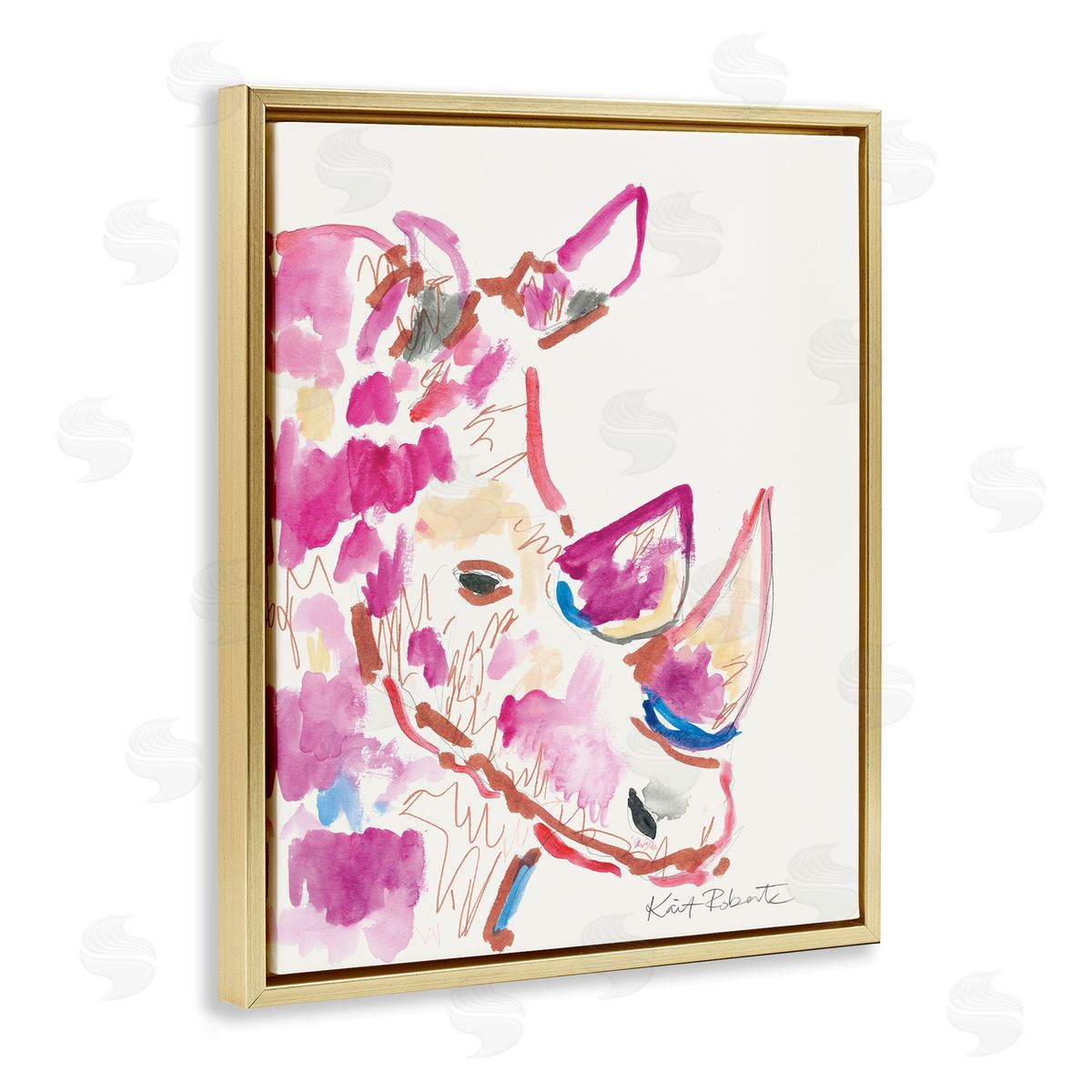 Abstract Rhino Pink Portrait Gold Floating Frame Canvas Wall Art, Home Decor by Kait Roberts