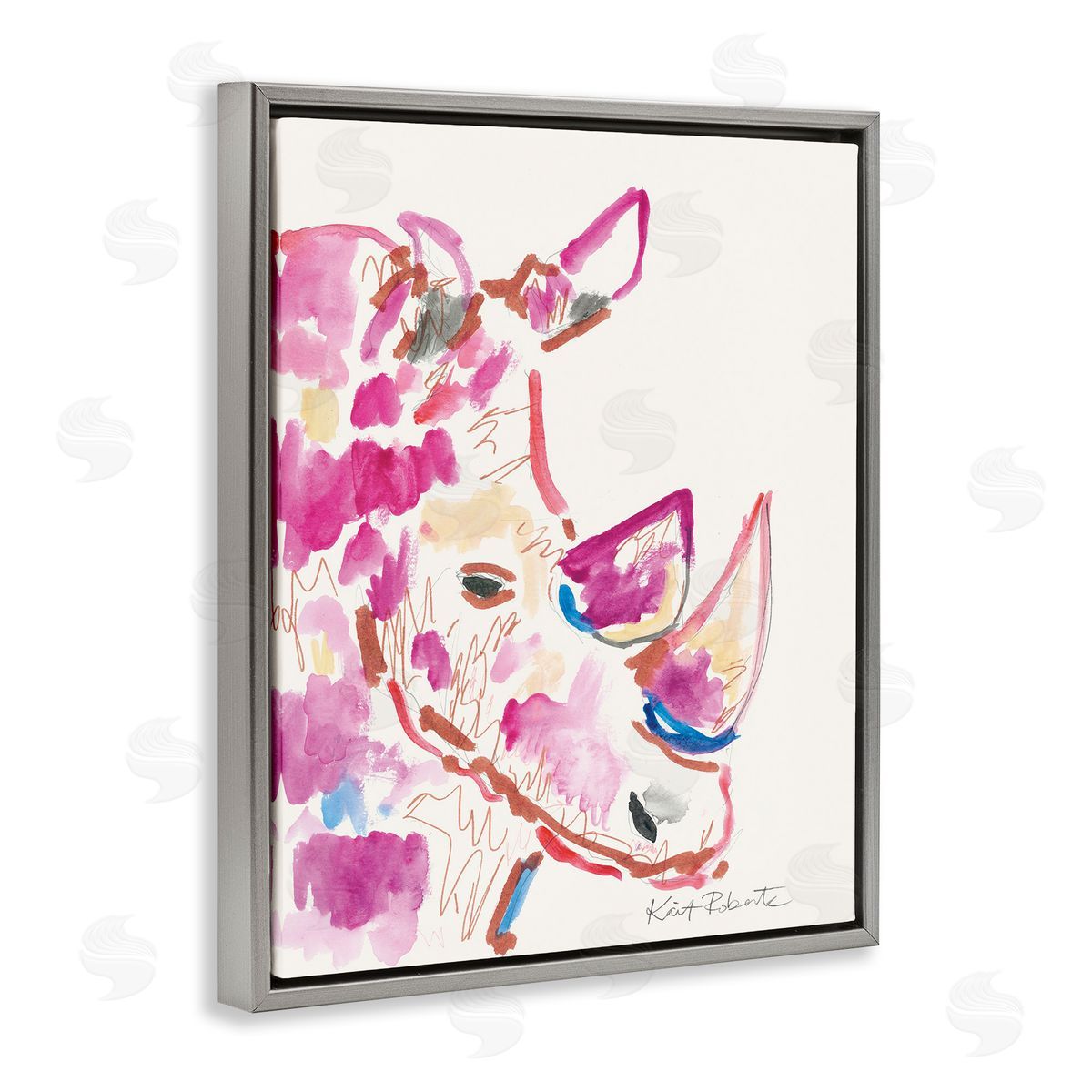 Abstract Rhino Pink Portrait Grey Floating Frame Canvas Wall Art, Home Decor by Kait Roberts