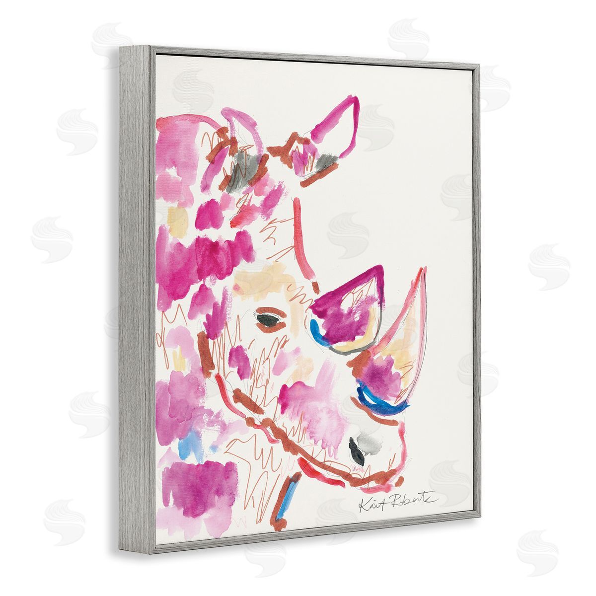 Abstract Rhino Pink Portrait Grey Frame Print Wall Art, Home Decor by Kait Roberts