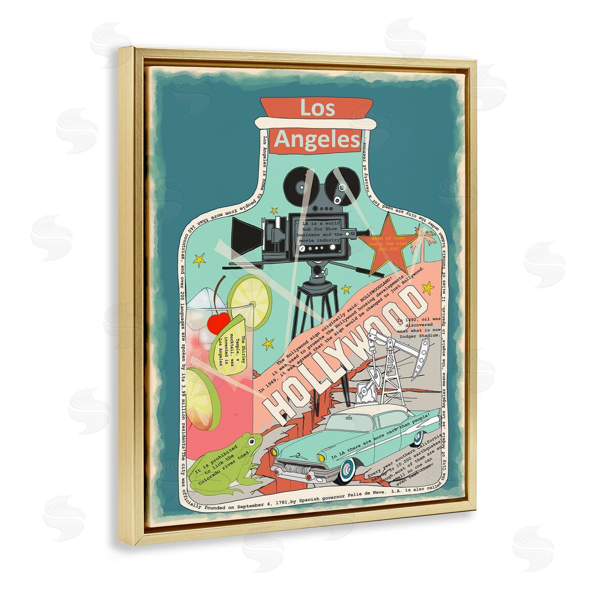 Los Angeles California in Vintage Jar Gold Floating Frame Canvas Wall Art, Home Decor by Sangita Bachelet