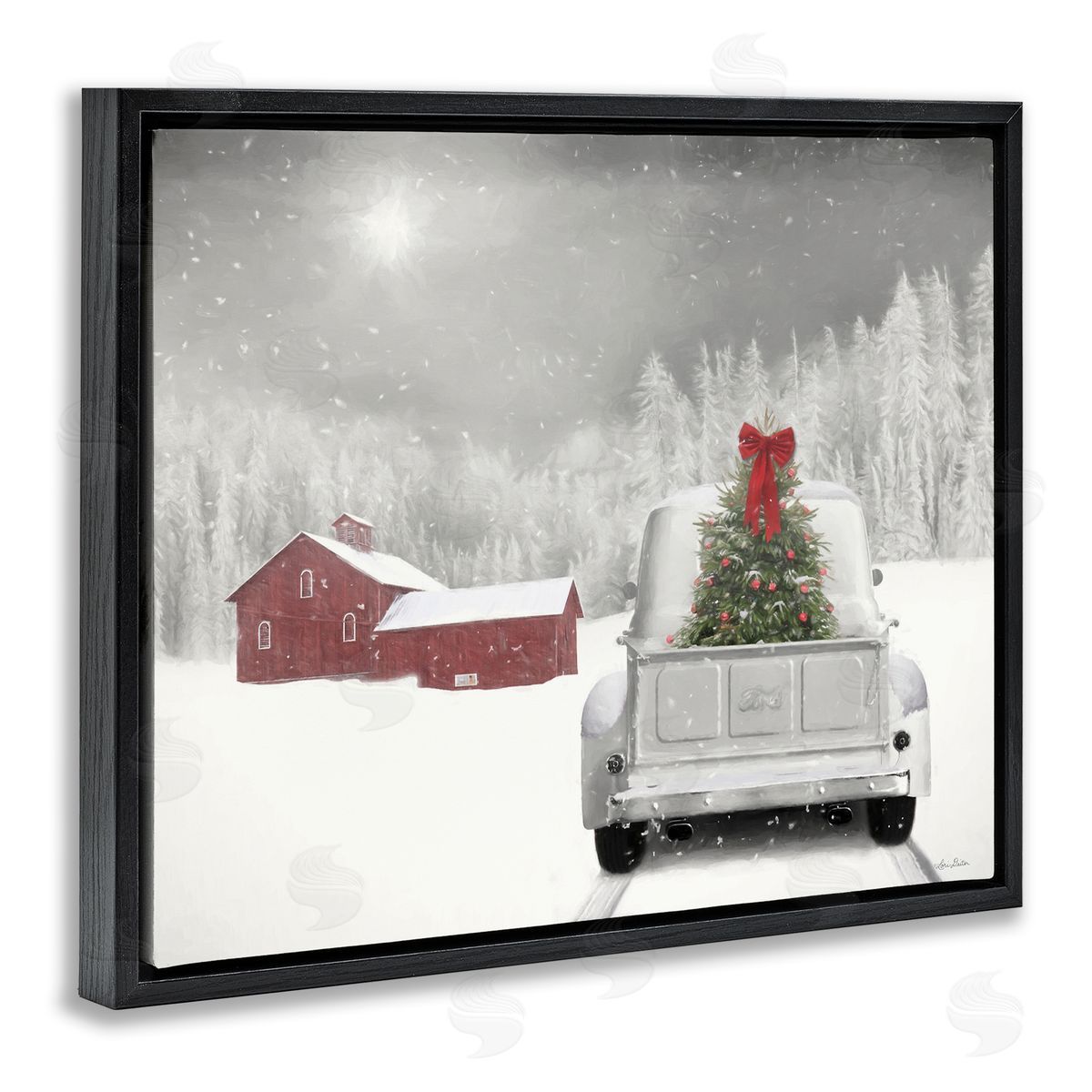 Christmas Tree in Farm Truck Black Floating Frame Canvas Wall Art, Home Decor by Lori Deiter