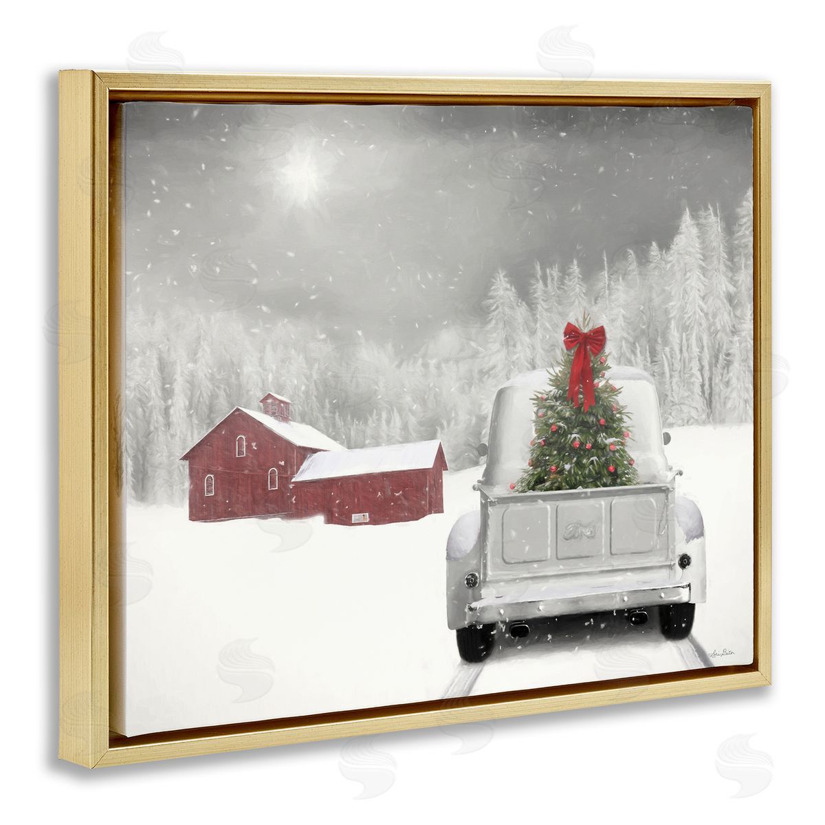 Christmas Tree in Farm Truck Gold Floating Frame Canvas Wall Art, Home Decor by Lori Deiter