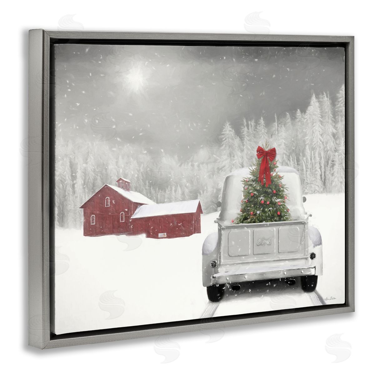 Christmas Tree in Farm Truck Grey Floating Frame Canvas Wall Art, Home Decor by Lori Deiter