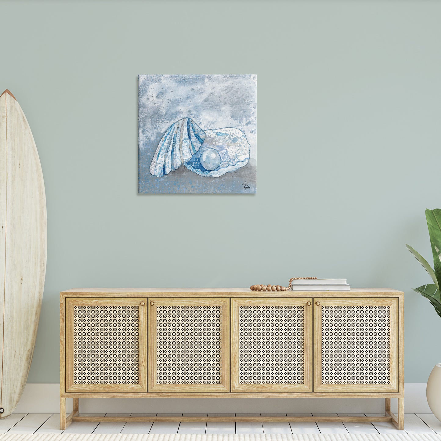 Blue Abstract Clam Pearl Canvas Wall Art in Room, Home Decor by Lisa Morales
