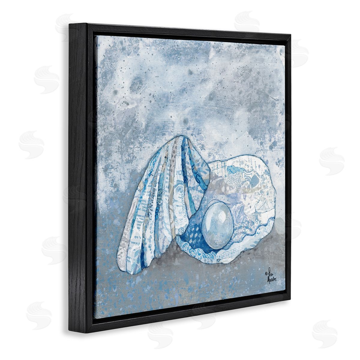 Blue Abstract Clam Pearl Black Floating Frame Canvas Wall Art, Home Decor by Lisa Morales