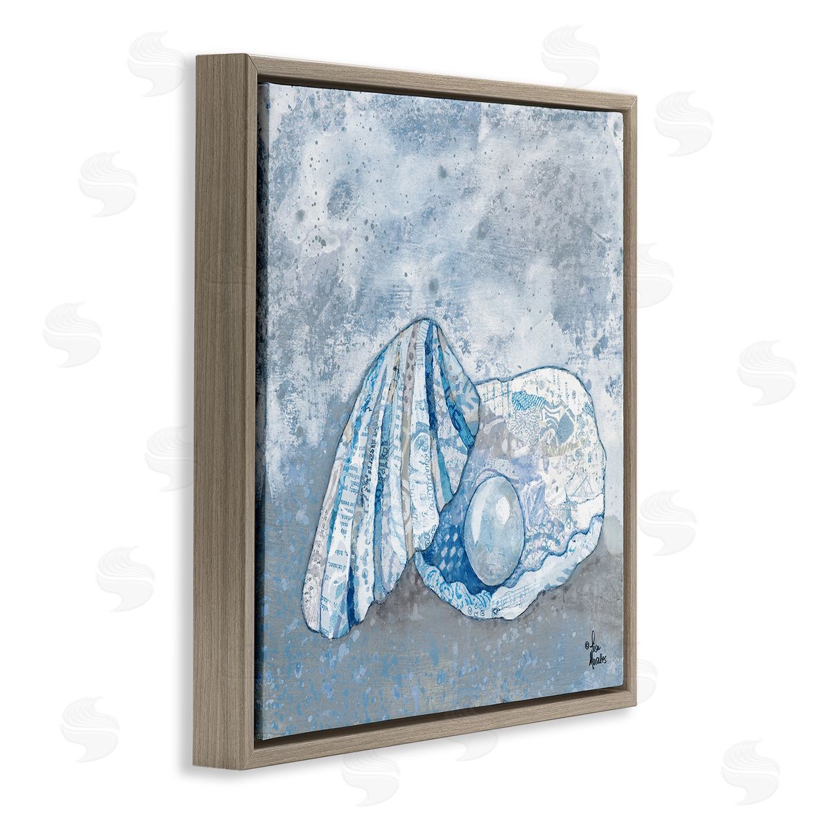 Blue Abstract Clam Pearl Brown Floating Frame Canvas Wall Art, Home Decor by Lisa Morales
