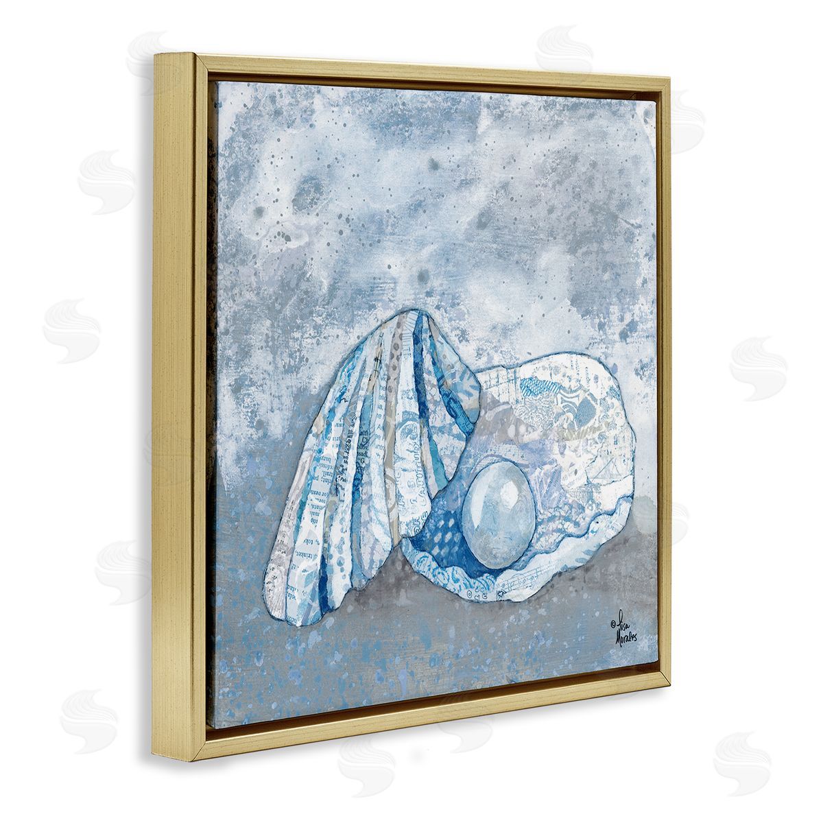Blue Abstract Clam Pearl Gold Floating Frame Canvas Wall Art, Home Decor by Lisa Morales
