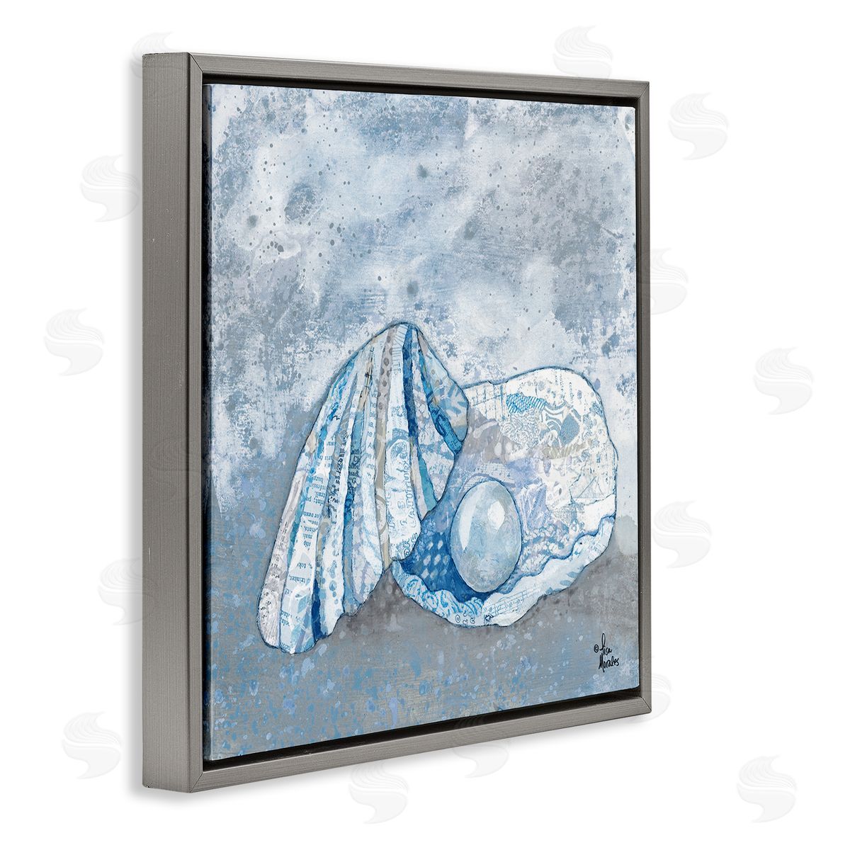 Blue Abstract Clam Pearl Grey Floating Frame Canvas Wall Art, Home Decor by Lisa Morales