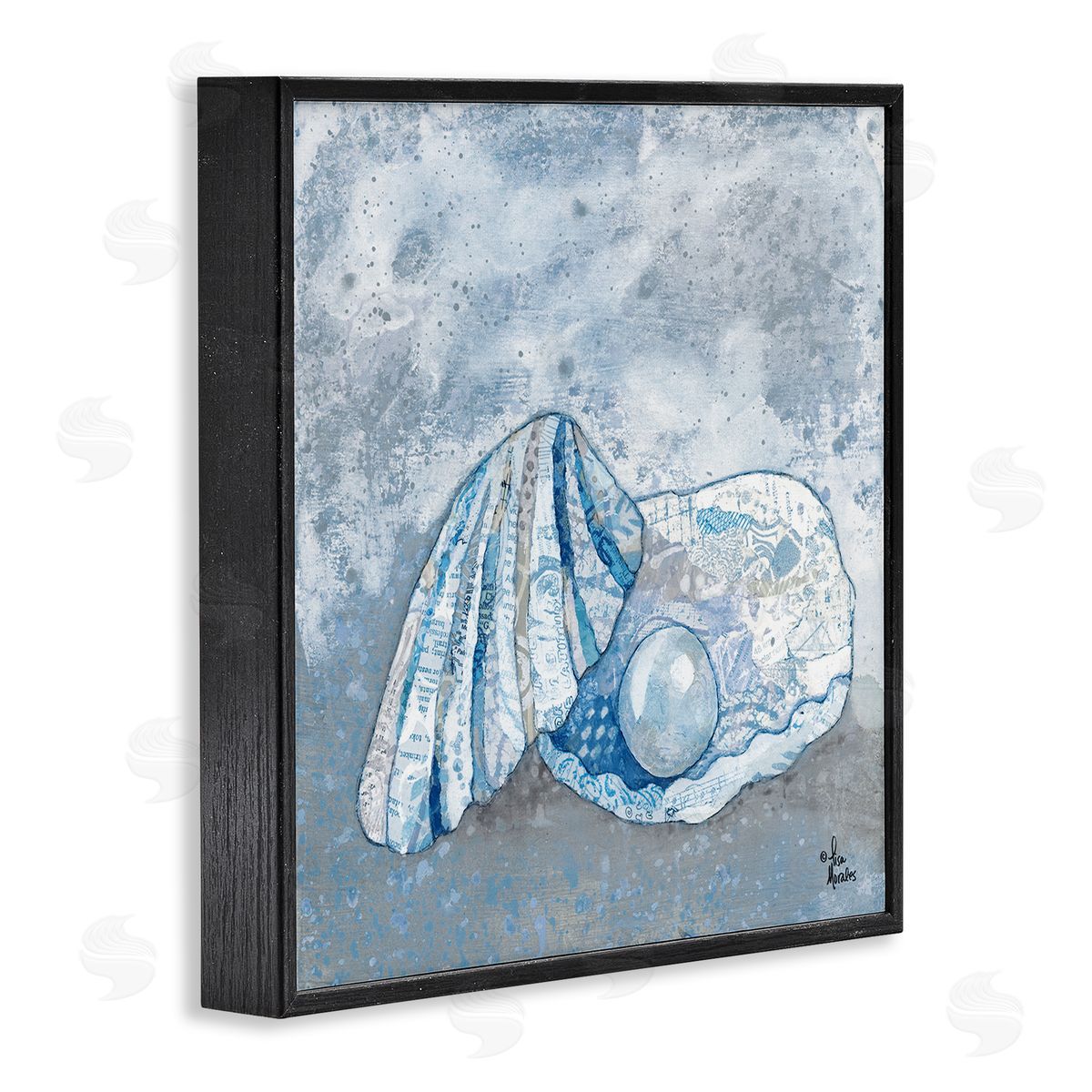 Blue Abstract Clam Pearl Black Frame Print Wall Art, Home Decor by Lisa Morales