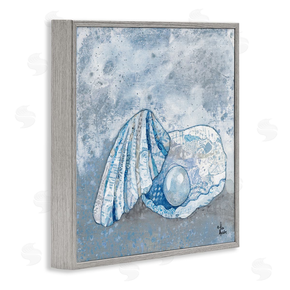 Blue Abstract Clam Pearl Grey Frame Print Wall Art, Home Decor by Lisa Morales