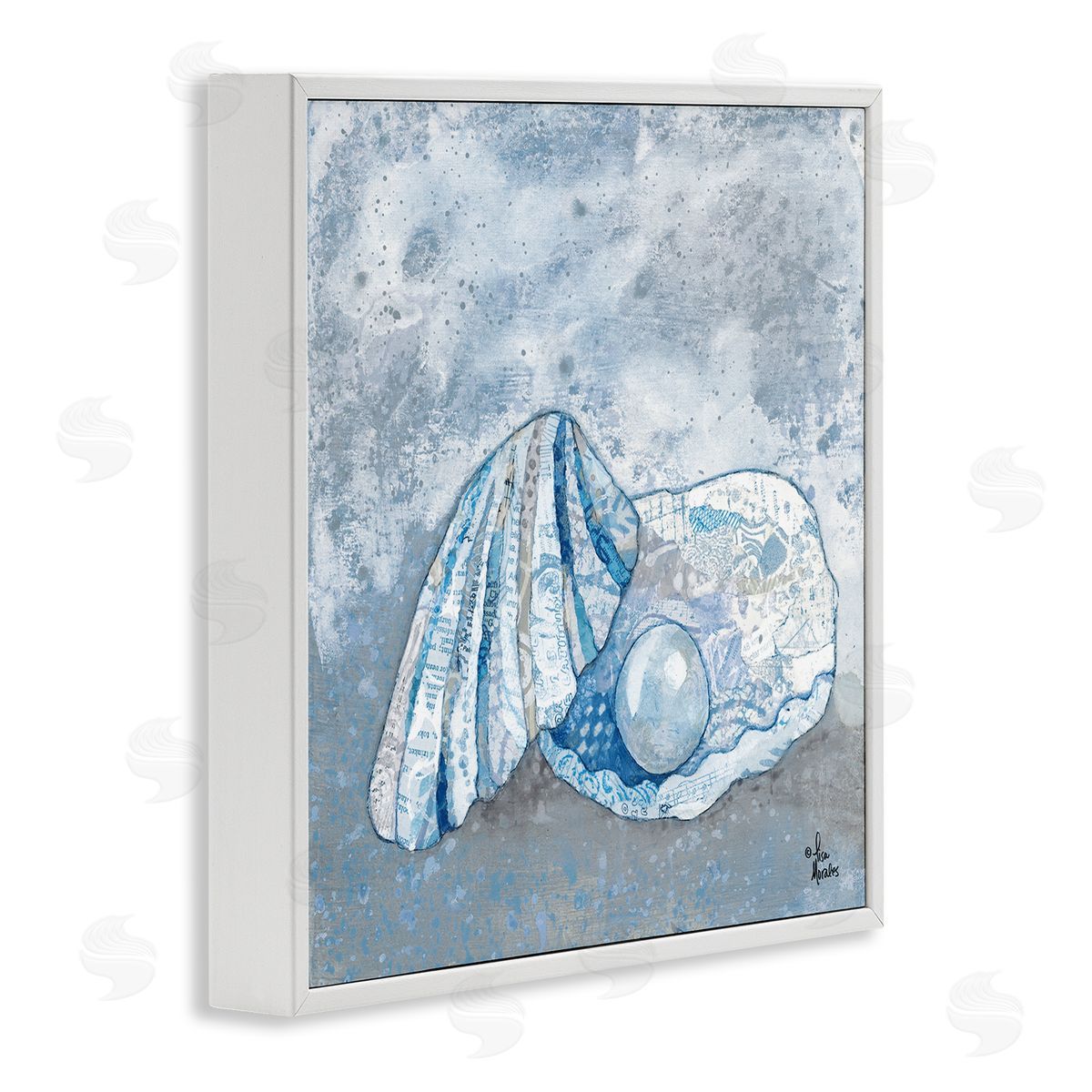 Blue Abstract Clam Pearl White Frame Print Wall Art, Home Decor by Lisa Morales