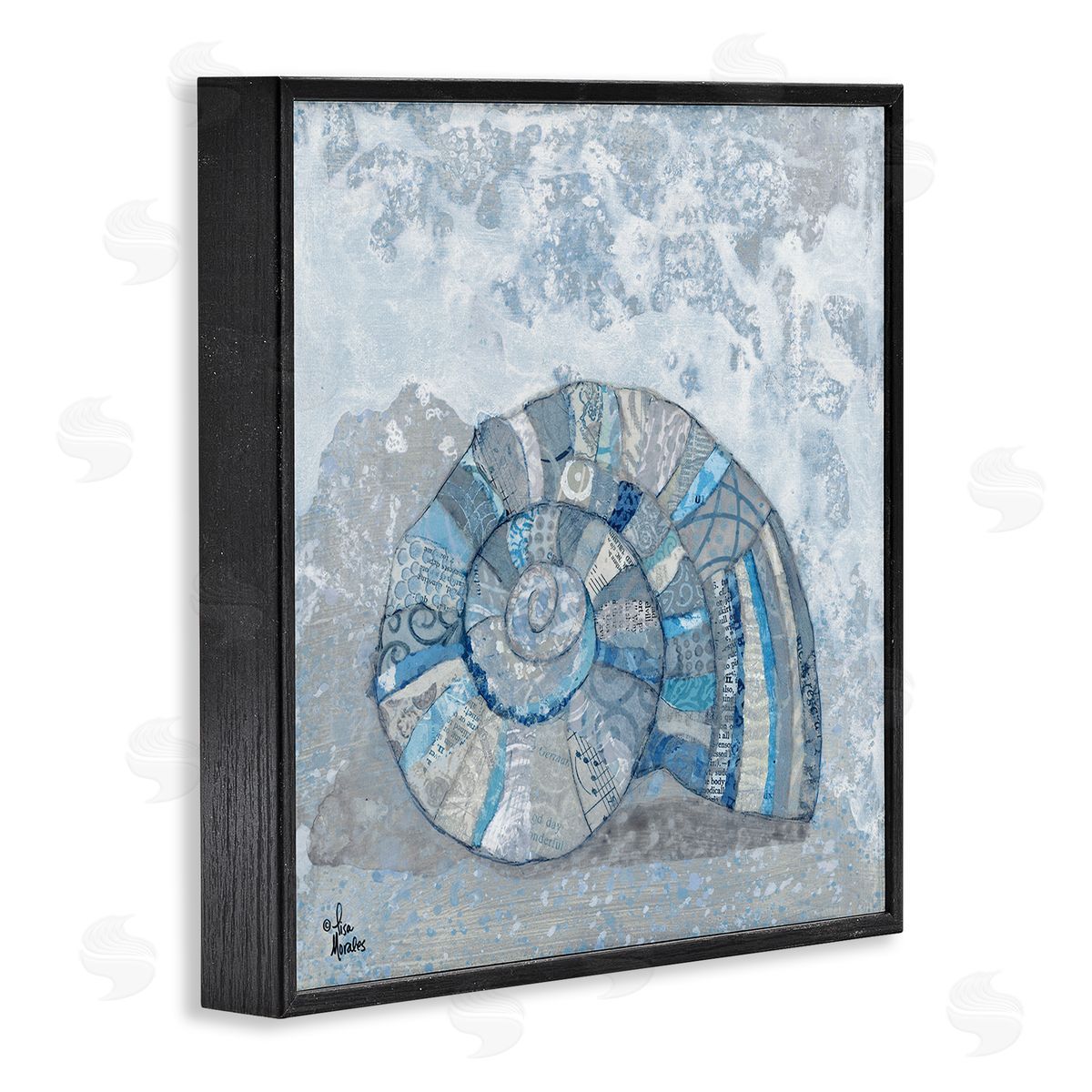 Blue Abstract Nautilus Shell Black Frame Print Wall Art, Home Decor by Lisa Morales
