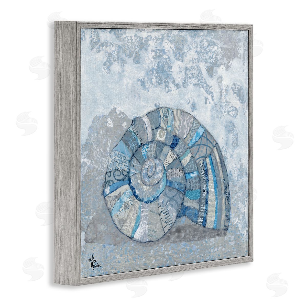Blue Abstract Nautilus Shell Grey Frame Print Wall Art, Home Decor by Lisa Morales