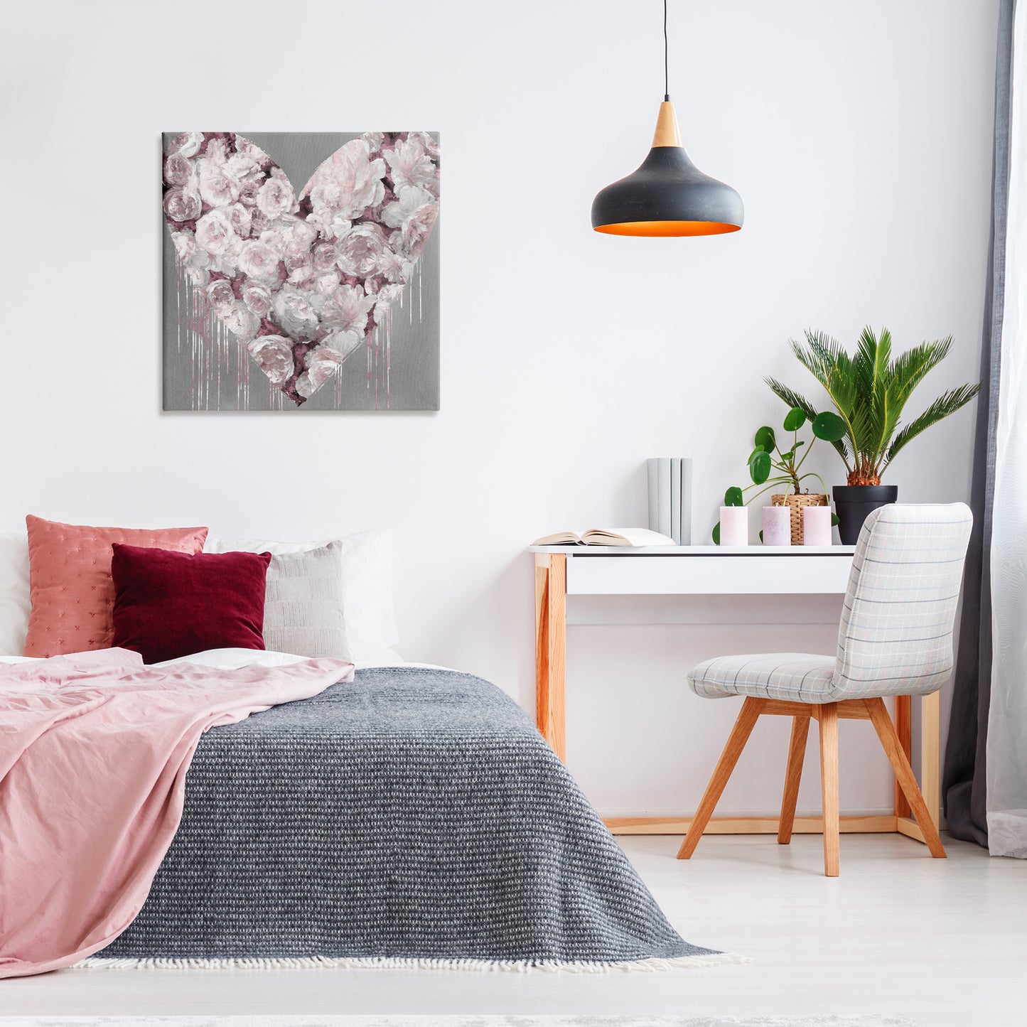 Pink Rose Heart over Grey Canvas Wall Art in Room, Home Decor by Lindsay Rodgers