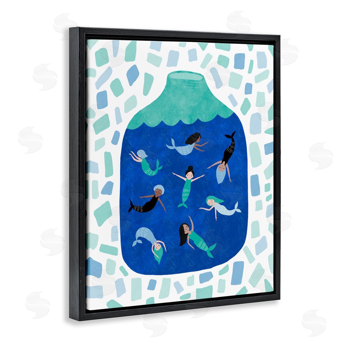 Mermaids in Glass Jar Black Floating Frame Canvas Wall Art, Home Decor by Molly Fabiano