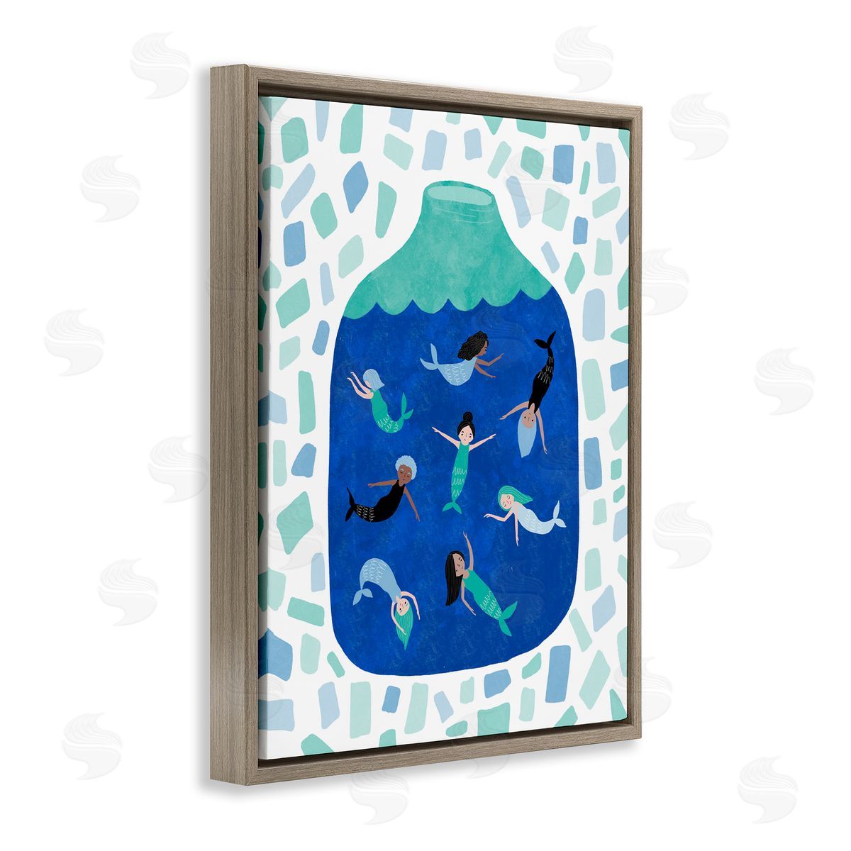 Mermaids in Glass Jar Brown Floating Frame Canvas Wall Art, Home Decor by Molly Fabiano