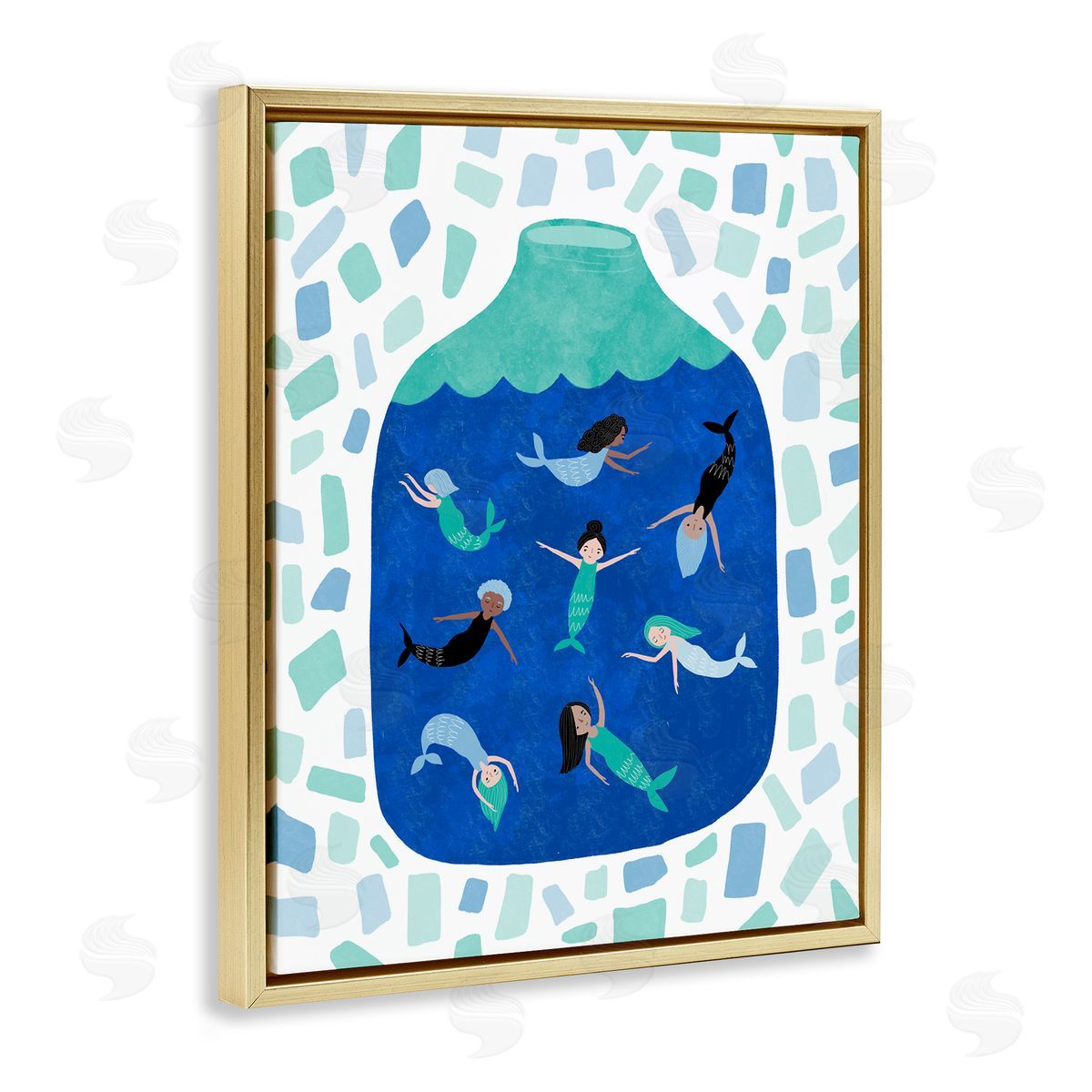 Mermaids in Glass Jar Gold Floating Frame Canvas Wall Art, Home Decor by Molly Fabiano