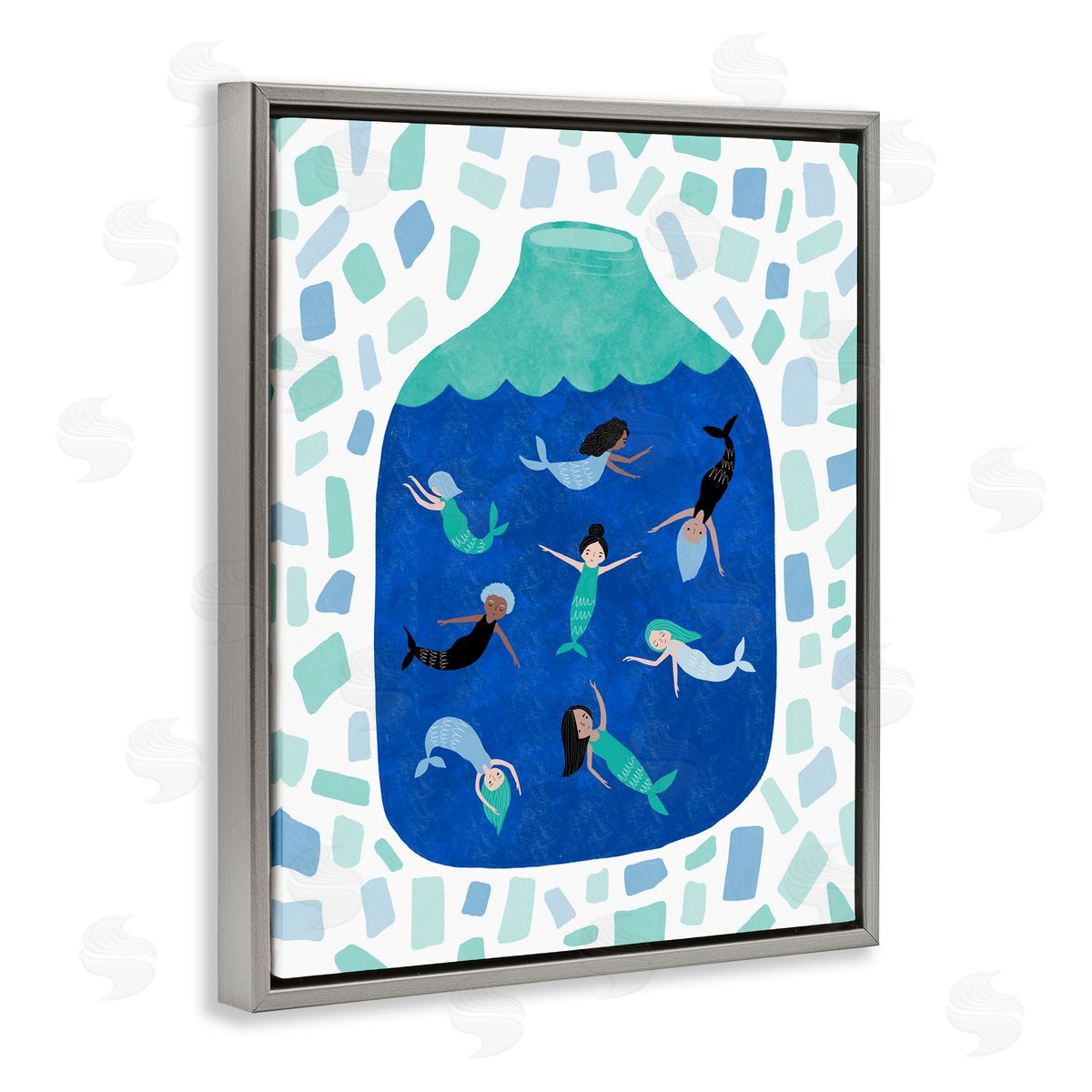 Mermaids in Glass Jar Grey Floating Frame Canvas Wall Art, Home Decor by Molly Fabiano