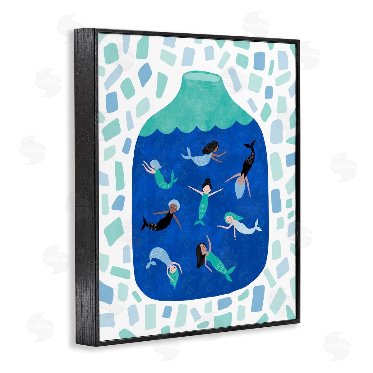 Mermaids in Glass Jar Black Frame Print Wall Art, Home Decor by Molly Fabiano