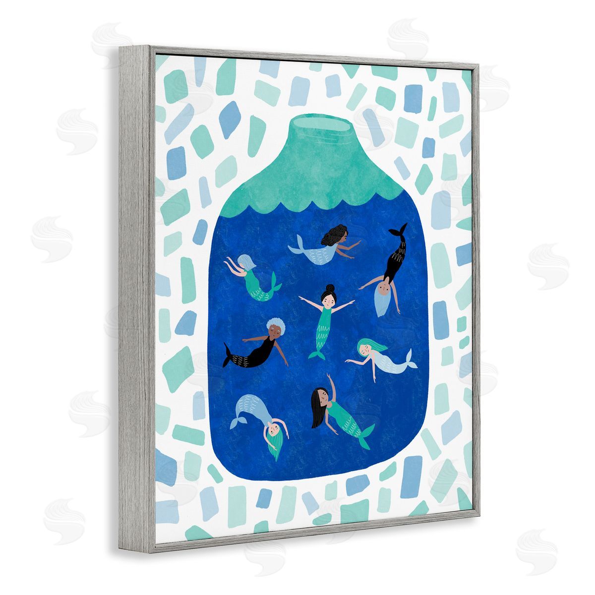 Mermaids in Glass Jar Grey Frame Print Wall Art, Home Decor by Molly Fabiano