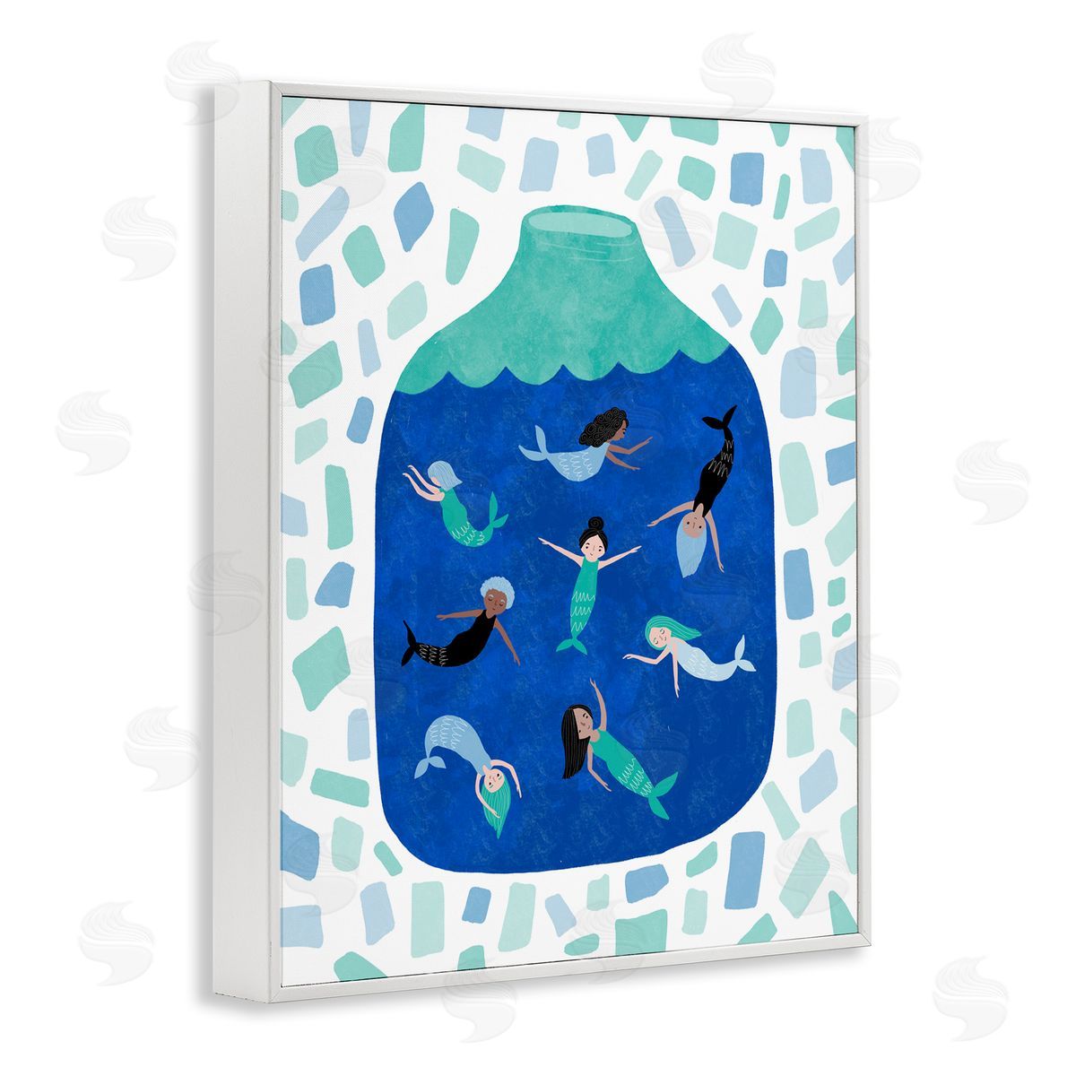 Mermaids in Glass Jar White Frame Print Wall Art, Home Decor by Molly Fabiano
