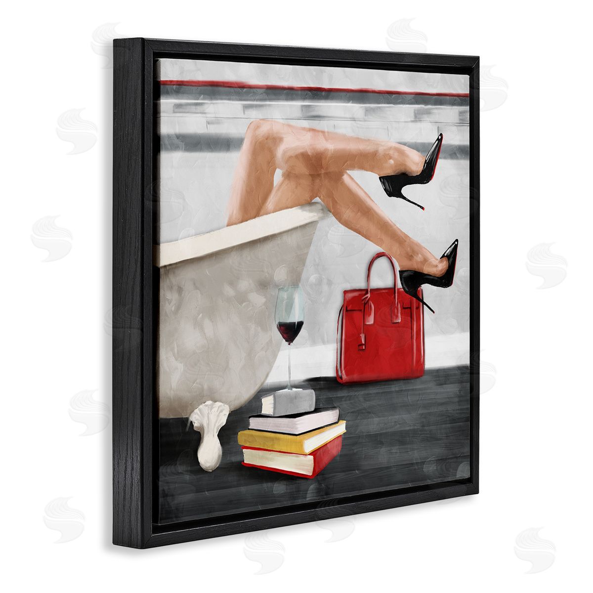 Female in Bath with Wine Black Floating Frame Canvas Wall Art, Home Decor by Milli Villa