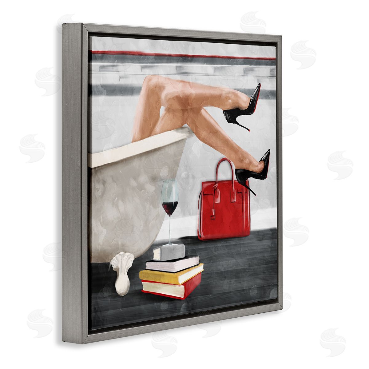 Female in Bath with Wine Grey Floating Frame Canvas Wall Art, Home Decor by Milli Villa