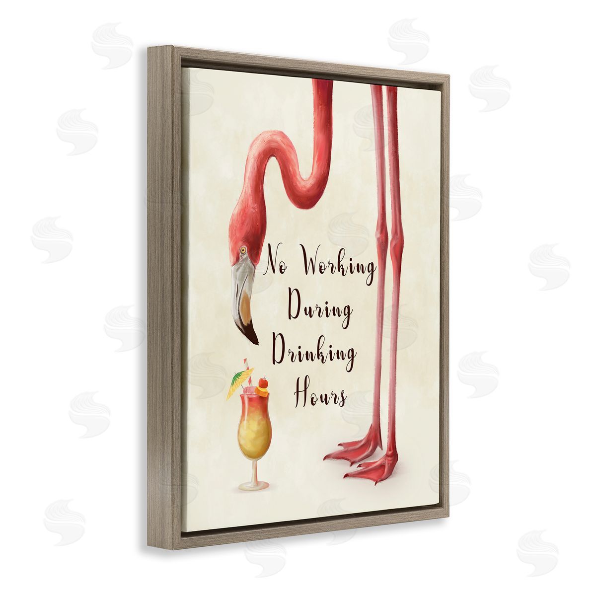 Flamingo Drinking Hours Humor Brown Floating Frame Canvas Wall Art, Home Decor by Ziwei Li