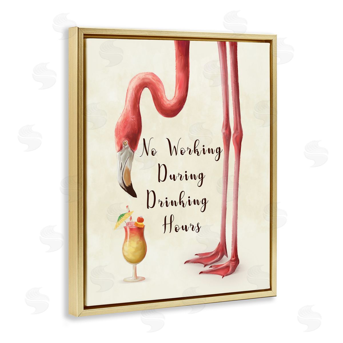 Flamingo Drinking Hours Humor Gold Floating Frame Canvas Wall Art, Home Decor by Ziwei Li
