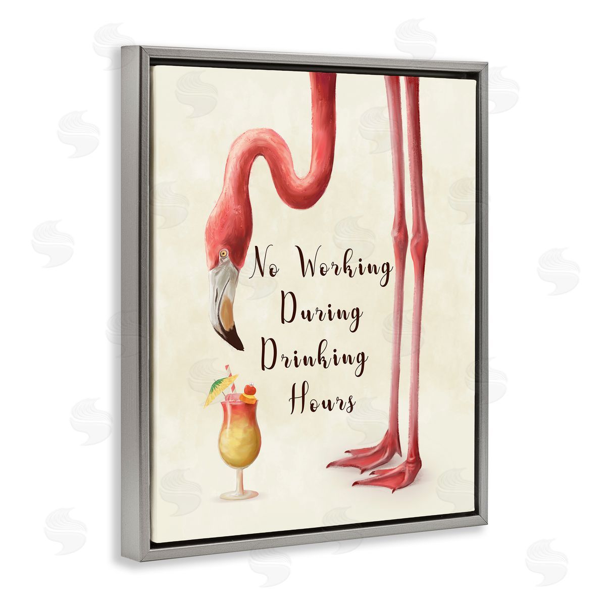 Flamingo Drinking Hours Humor Grey Floating Frame Canvas Wall Art, Home Decor by Ziwei Li