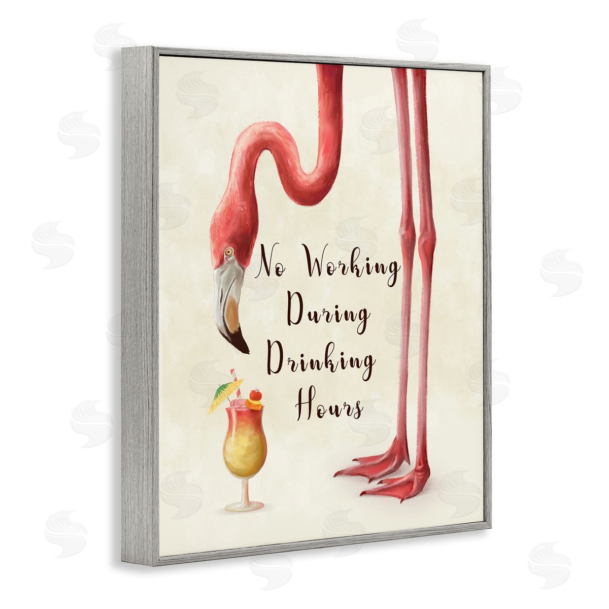 Flamingo Drinking Hours Humor Grey Frame Print Wall Art, Home Decor by Ziwei Li