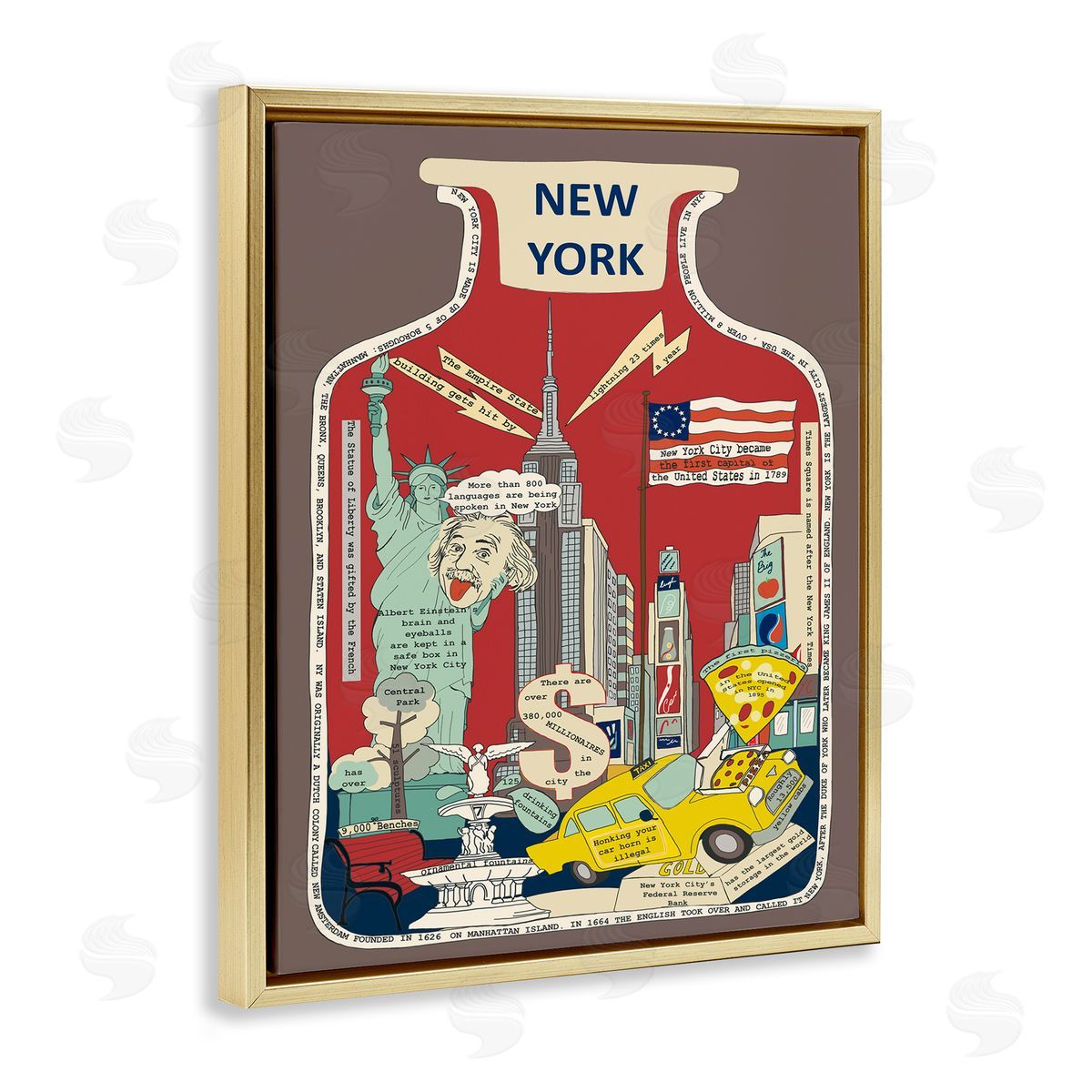 New York City in Vintage Jar Gold Floating Frame Canvas Wall Art, Home Decor by Sangita Bachelet