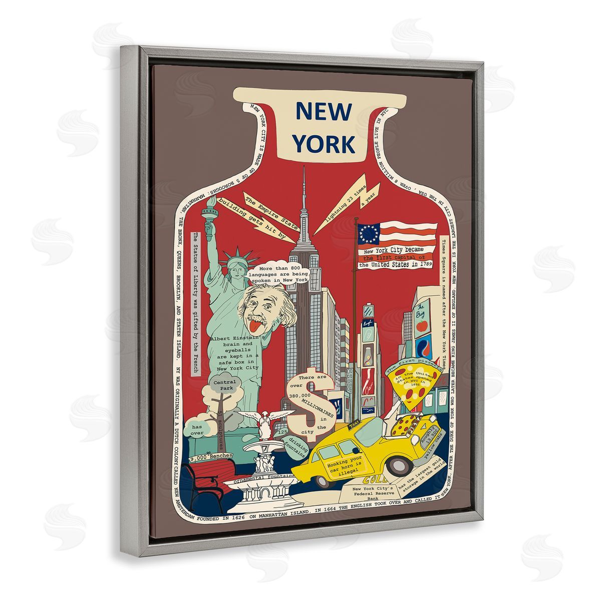 New York City in Vintage Jar Grey Floating Frame Canvas Wall Art, Home Decor by Sangita Bachelet