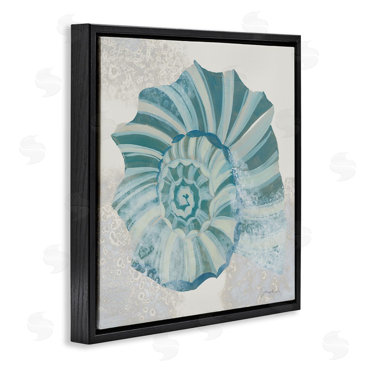 Marine Blue Nautilus Shell Black Floating Frame Canvas Wall Art, Home Decor by Liz Jardine