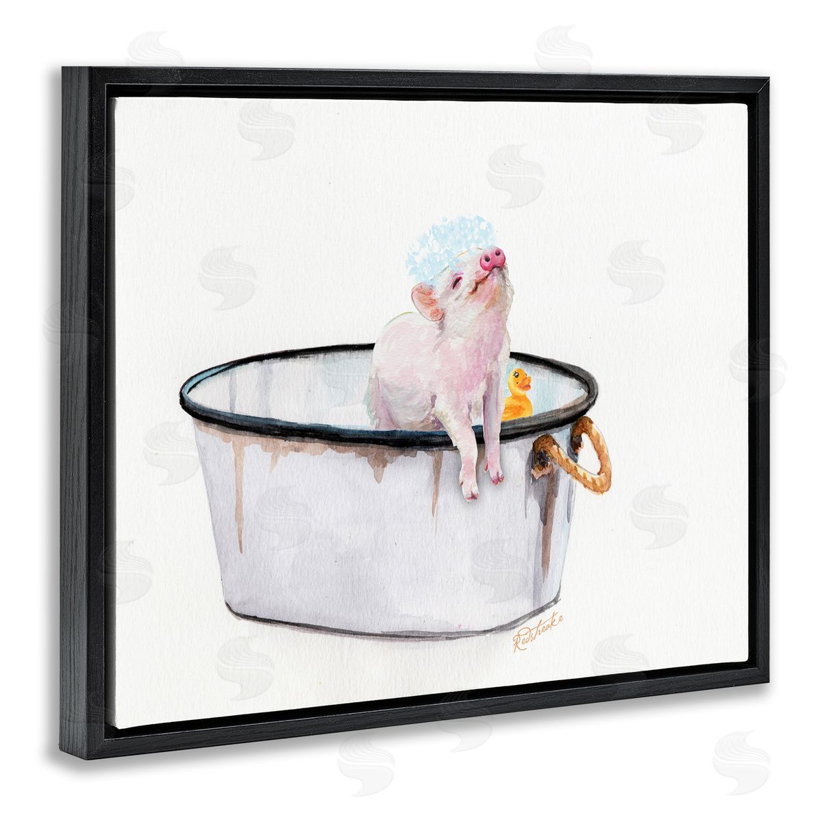 Pig & Rubby Duck Bath Black Floating Frame Canvas Wall Art, Home Decor by Jennifer Redstreake