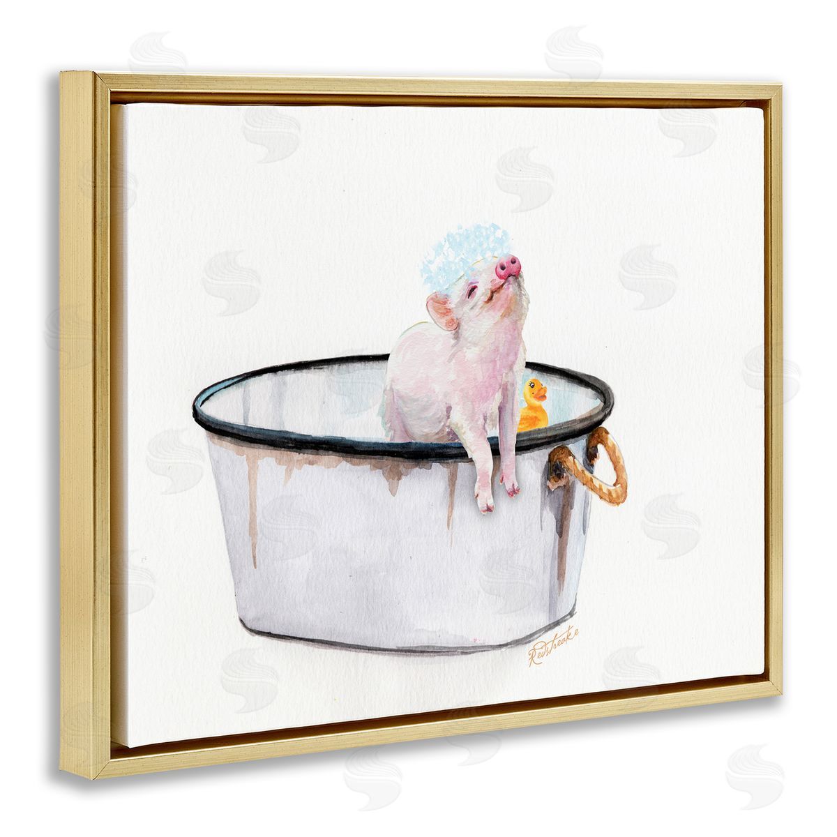 Pig & Rubby Duck Bath Gold Floating Frame Canvas Wall Art, Home Decor by Jennifer Redstreake