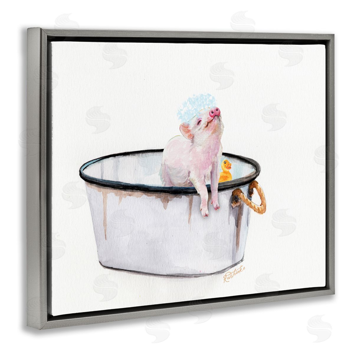 Pig & Rubby Duck Bath Grey Floating Frame Canvas Wall Art, Home Decor by Jennifer Redstreake