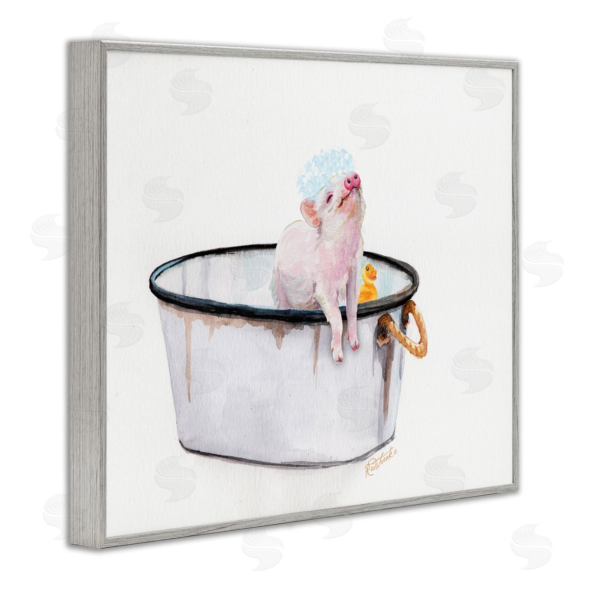 Pig & Rubby Duck Bath Grey Frame Print Wall Art, Home Decor by Jennifer Redstreake