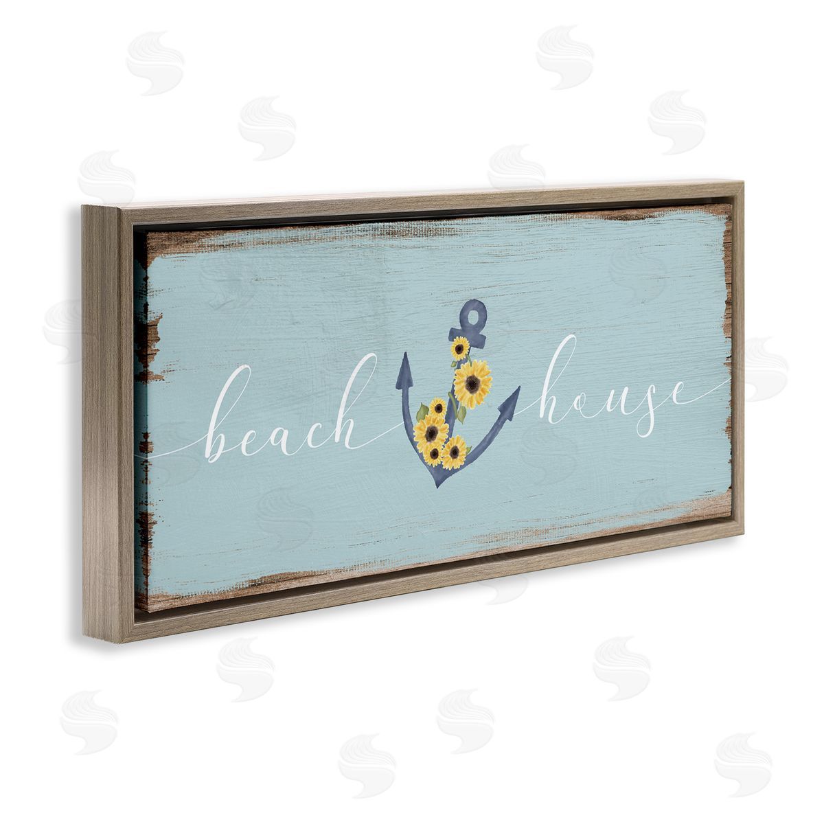 Beach House with Floral Anchor Brown Floating Frame Canvas Wall Art, Home Decor by Stupell Studio