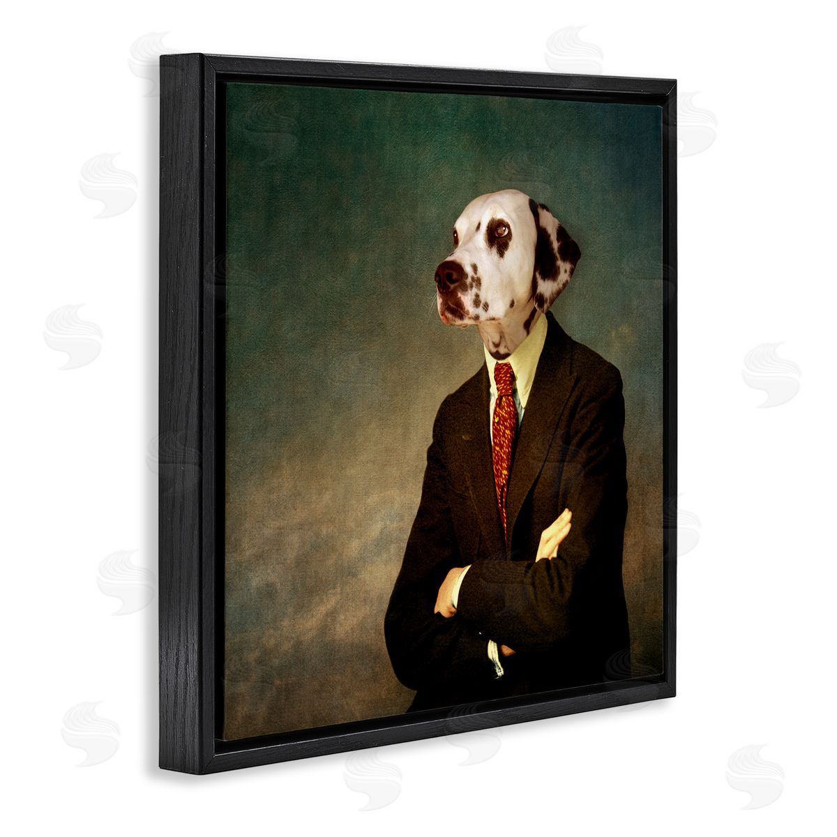 Dalmatian In Men's Suit Black Floating Frame Canvas Wall Art, Home Decor by Martine Roch