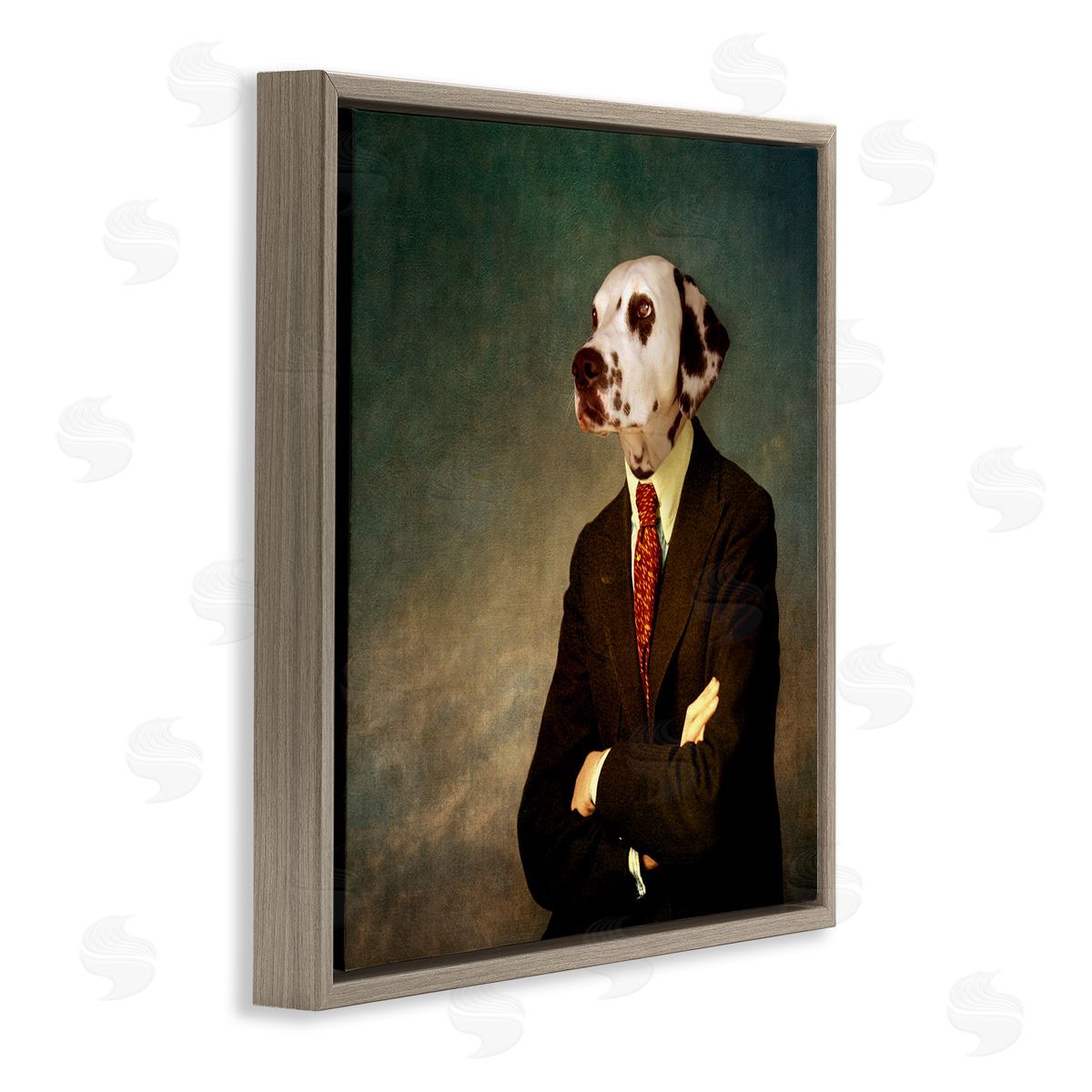Dalmatian In Men's Suit Brown Floating Frame Canvas Wall Art, Home Decor by Martine Roch