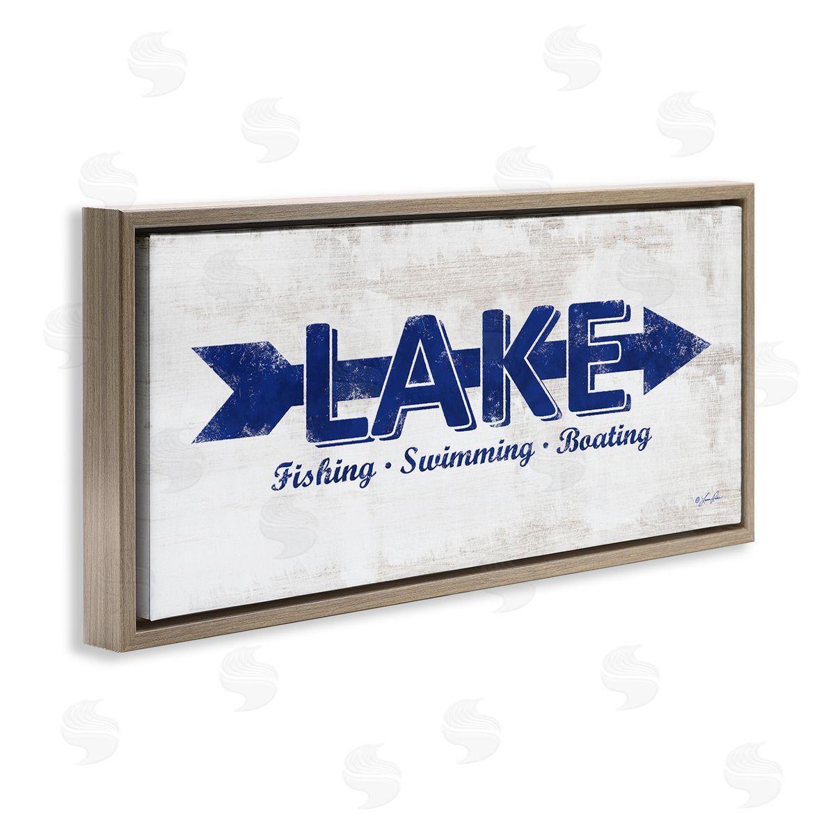 Lake Sign Blue Arrow Brown Floating Frame Canvas Wall Art, Home Decor by Lauren Rader