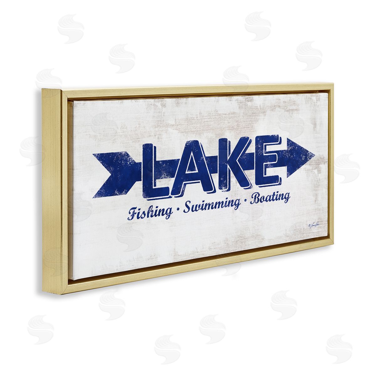 Lake Sign Blue Arrow Gold Floating Frame Canvas Wall Art, Home Decor by Lauren Rader