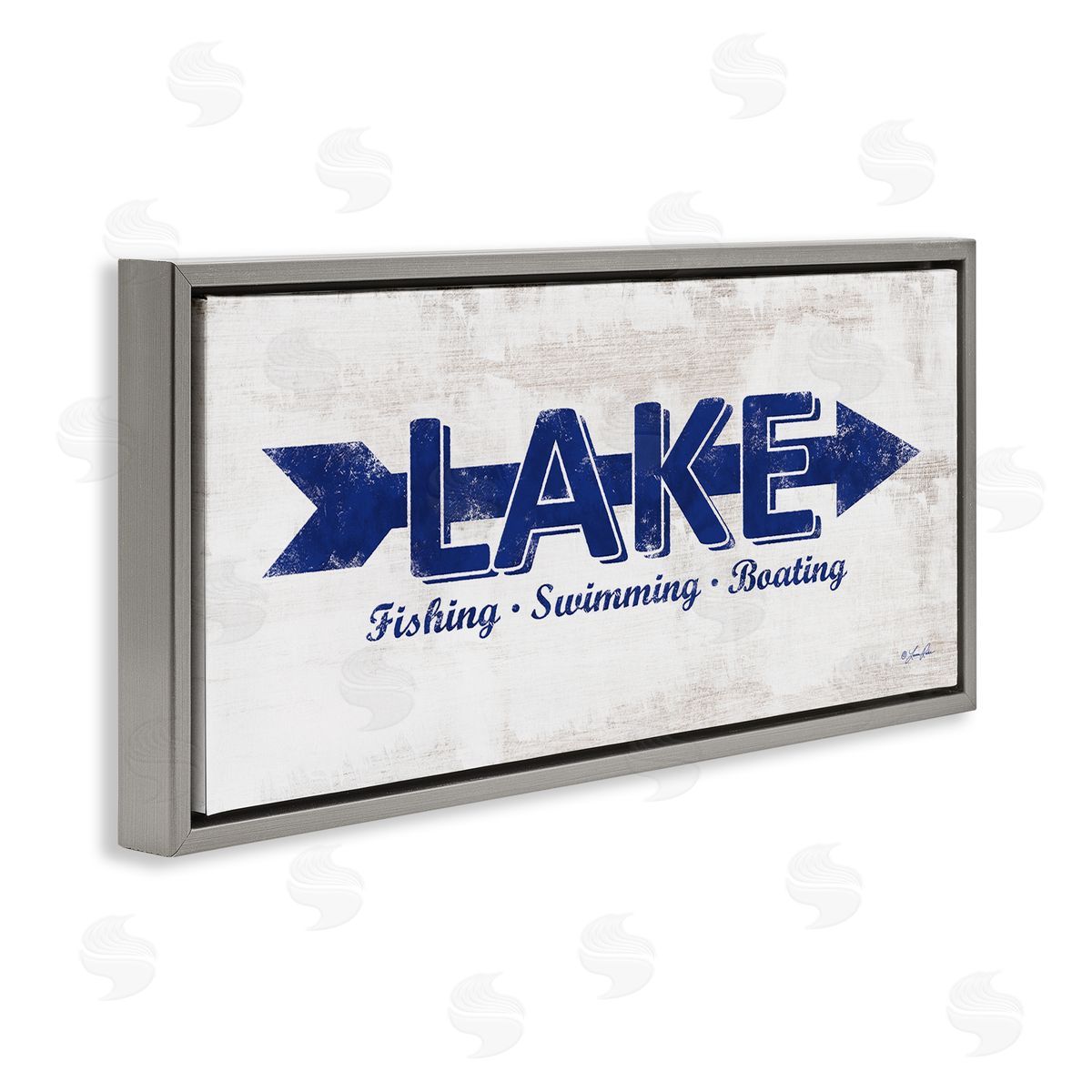 Lake Sign Blue Arrow Grey Floating Frame Canvas Wall Art, Home Decor by Lauren Rader