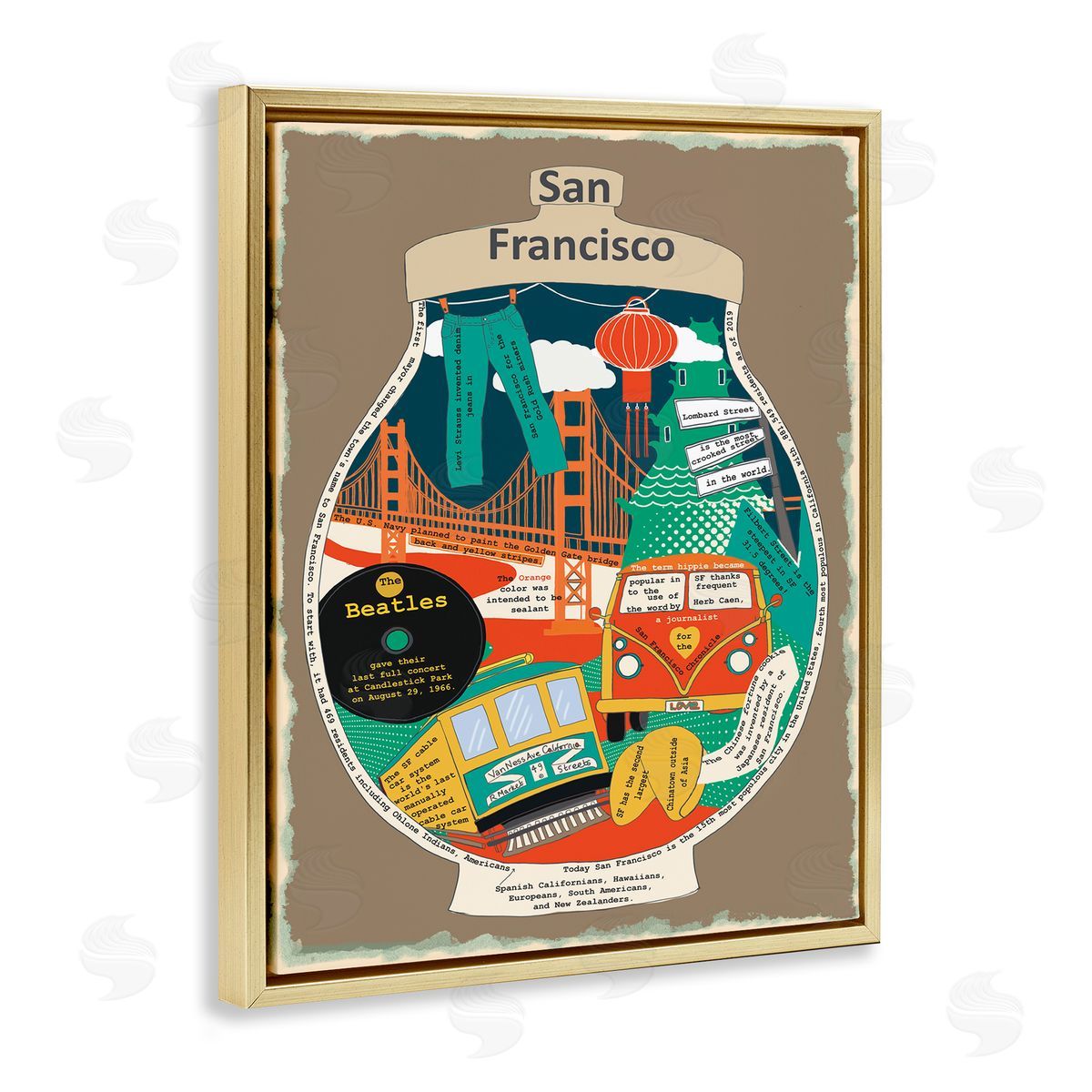 San Francisco CA in Vintage Jar Gold Floating Frame Canvas Wall Art, Home Decor by Sangita Bachelet